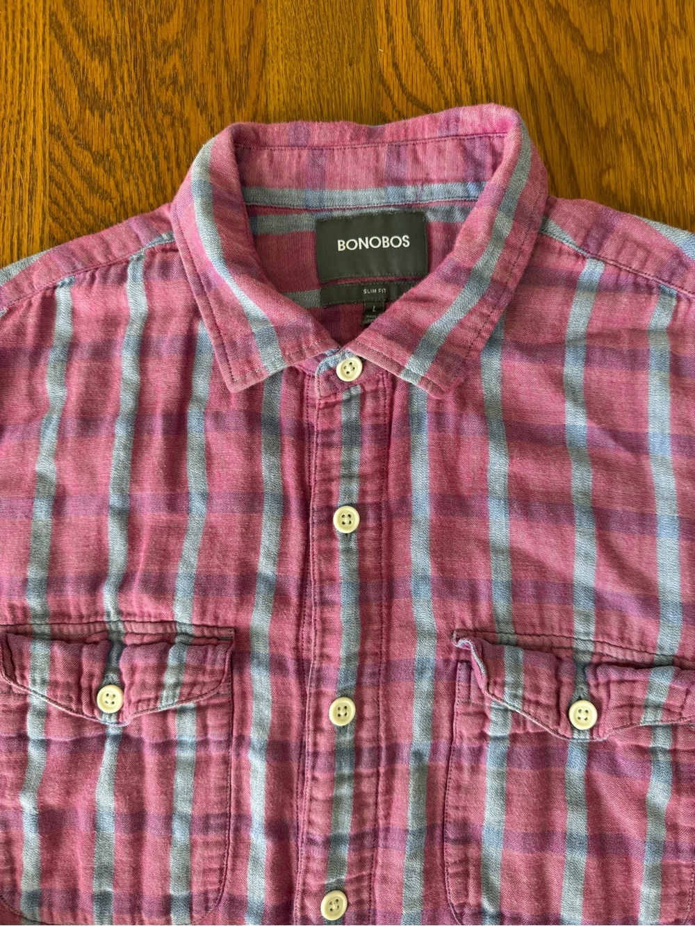 Bonobos Men’s Large Slim Fit Plaid Button Up Shirt Pink Blue 100% Cotton